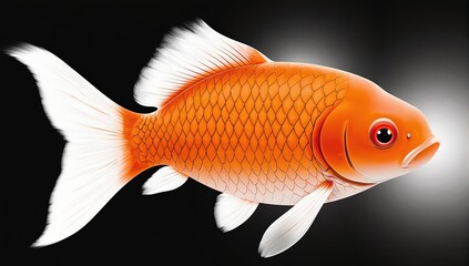 A beautiful orange goldfish swimming gracefully in a dark aquatic environment with white fins
