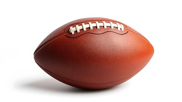 touchdown. An American football sits isolated on a white background, highlighting its detailed leather texture. event key visuals, club posters, designed for fitness apps and gym onboarding.