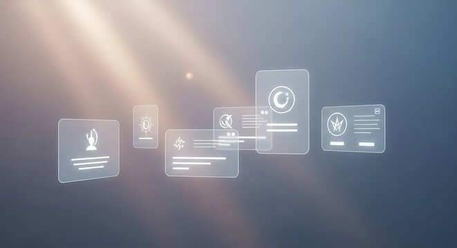 Abstract holographic interface displaying various data points with bright light rays