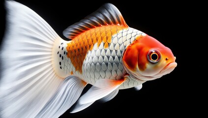 A beautiful orange and white goldfish swimming gracefully in a dark aquatic environment with flowing fins