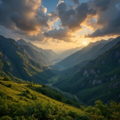 Fototapeta premium “Majestic Mountain Valley at Sunset – Dramatic Clouds, Golden Light, Lush Green Hills, Scenic Landscape Photography of Serene Nature and Peaceful Wilderness View”