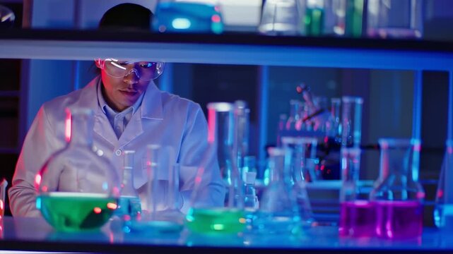 Scientist in a laboratory conducting experiments with colorful liquids and glassware, science