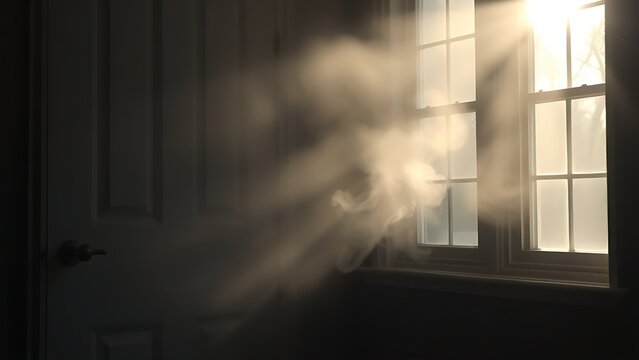 predictability. White smoke gently emerging from door and window cracks in morning light. real-estate listings, architecture portfolios, designed for interior renovation comparisons for interiors.