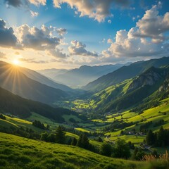 Naklejka premium “Majestic Mountain Valley at Sunset – Dramatic Clouds, Golden Light, Lush Green Hills, Scenic Landscape Photography of Serene Nature and Peaceful Wilderness View”