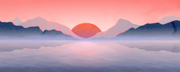 Art backdrop featuring mountains and hills on a lake at sunset or sunrise, in a minimalist modern style with watercolor textures. A landscape banner for decor, prints, wallpaper, and packaging.