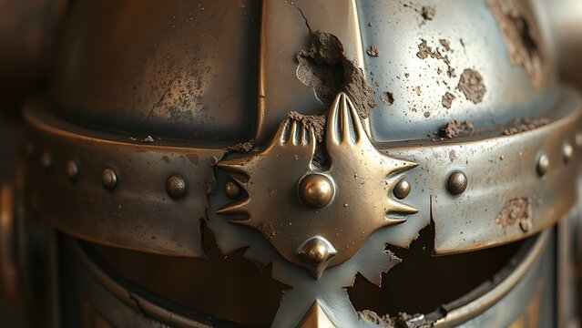 passphrase. Damaged Viking helmet with battle scars and dents, metallic texture. event programs, museum guides, designed for cultural heritage projects and event programs.