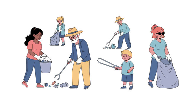 Diverse community volunteers cleaning up litter together with enthusiasm, environmental responsibility and community support, creating a cleaner world