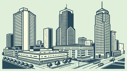 Naklejka premium Houston skyline vector with blue cityscape, buildings, trees, and buses. Ideal for citythemed designs, travel brochures, and urban illustrations.