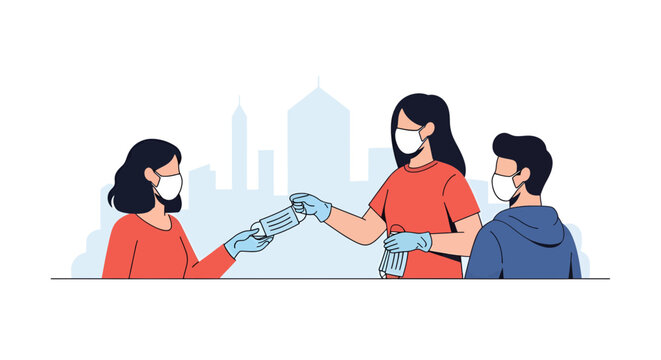 Essential health care workers distribute face masks in the city to protect against disease, offering safety and support to the public, vector illustration - Powered by Adobe