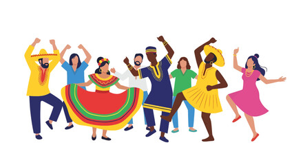 Multicultural celebration with diverse group dancing joyfully, embracing global unity through vibrant cultural expression and community spirit, a lively fiesta