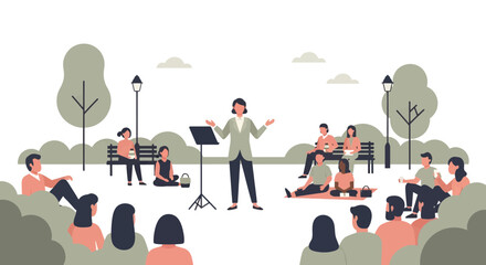 Captivating speaker enthralling crowd in vibrant park setting, engaging audience enjoying outdoor event, community gathering with dynamic presentation