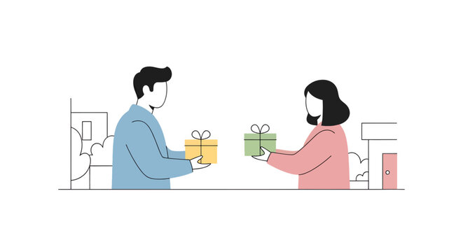 Thoughtful gift exchange between friends fostering connection and appreciation, perfect for holiday promotions and heartwarming moments in vector style art