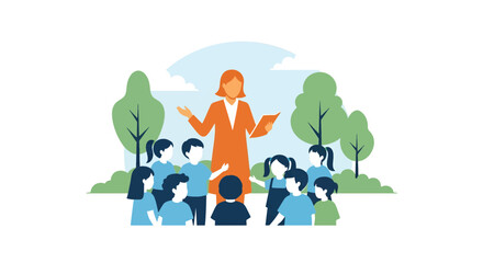 Enthusiastic teacher engaging diverse students in outdoor lesson, fostering curiosity and learning in a natural setting, perfect for education marketing