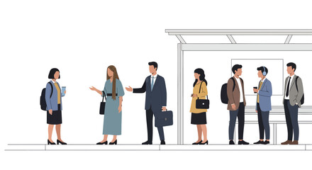 Diverse professionals waiting at modern transit stop, commuting to work, showcasing urban lifestyle, perfect for business and city life illustrations