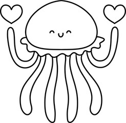 Funny cartoon squid character drawing with happy fish food icon vector illustration