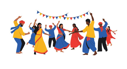 Vibrant celebration with joyful people dancing together in colorful traditional attire, perfect for cultural events, festivals, and community gatherings
