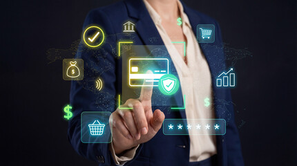 Naklejka premium An image of a person interacting with a futuristic digital interface, with a credit card and financial icons in view