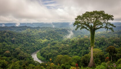 Cloudy mountain landscape with forest and scenic natural view