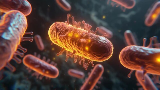 Detailed 3D Animation of Glowing Rod-Shaped Bacteria Colony.
