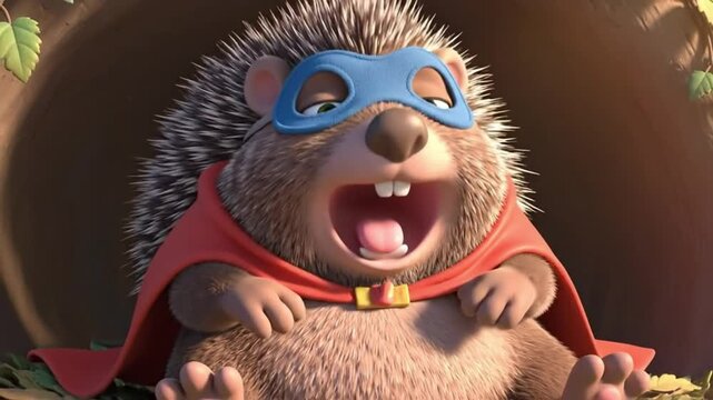 A cute animated hedgehog superhero wearing a blue mask and red cape sits with its mouth wide open in a yawn or shout.