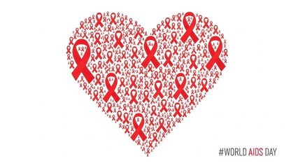Heart shape composed of many red awareness ribbons symbolizing world aids day and hiv prevention concept isolated on white background