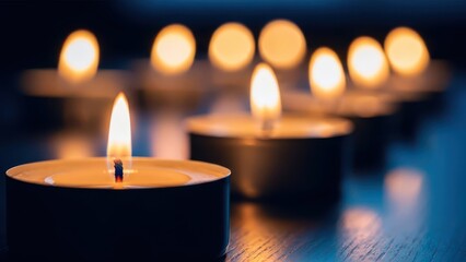 Row of glowing tealight candles casting a warm, soft light in a dark, moody setting, creating a peaceful and contemplative atmosphere with shallow depth of field