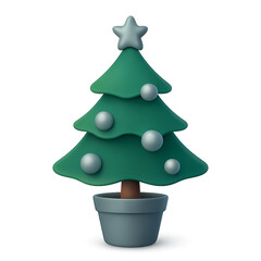 Small christmas tree in pot with star and silver ornaments against transparent background for holiday season vector illustration 3d rendering