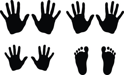 Black handprint and footprint silhouettes vector illustration collection, set of human palm and sole imprints, adult and baby hand prints, editable icons isolated on white background.