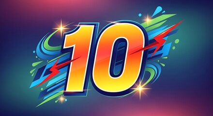 Number ten graphic with colorful brush strokes and sparkling effects on purple