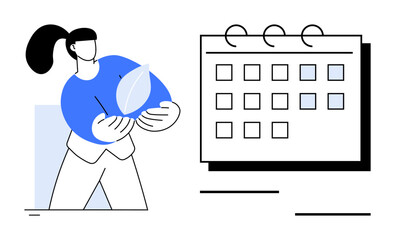 Woman holding a large leaf next to a calendar with marked dates. Ideal for environmental initiatives, conservation efforts, sustainable living, event scheduling, planning, eco-friendly habits