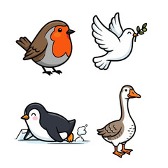 Fototapeta premium A collection of four cartoon birds: a robin, a dove, a penguin, and a goose, depicted in a cute and simple style.
