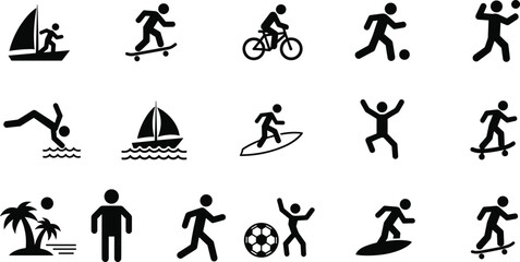 Minimal sport and outdoor activity icons set featuring surfing, sailing, skateboarding, cycling, swimming, football, beach scenes, perfect for design projects