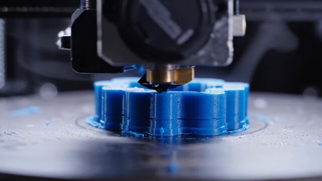Three dimensional printer nozzle extruding blue plastic material creating object additive manufacturing process