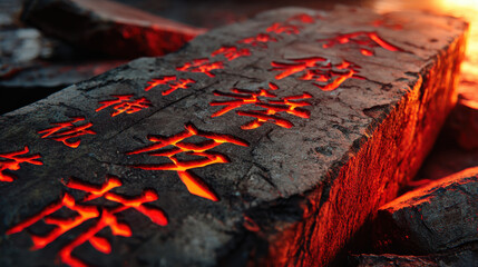 Ancient heritage shines through glowing light on stone slab featuring intricate Chinese script that tells story of past