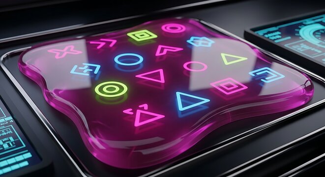 Futuristic interface with glowing symbols on a pink gelatinous surface