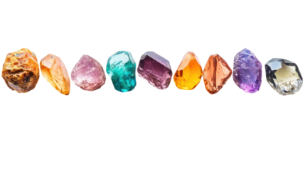 Collection of colorful rough crystals isolated on transparent background