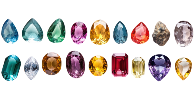 Collection of assorted colorful gemstones isolated on transparent background