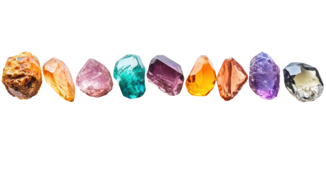 Collection of colorful rough crystals isolated on transparent background
