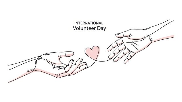 Minimalist line art illustration for international volunteer day showing two hands reaching towards each other with a small heart connected by a thin line, isolated on white background
