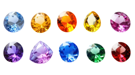 Collection of ten colorful oval and pear cut gemstones isolated on transparent background
