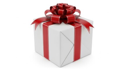 Obraz premium A single white gift box wrapped with a wide red ribbon and a large decorative red bow on top, isolated on white background