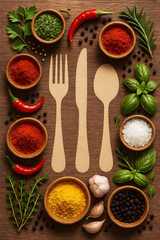 Rustic Wooden Cutlery with Chili Peppers, Herbs, and Spice Powder