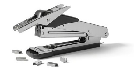 Office Stapler with Loose Staples on a White Background