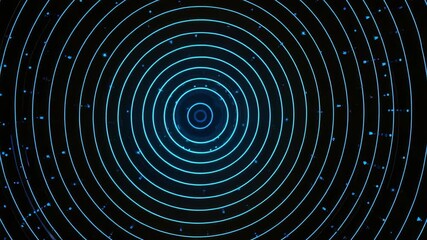 Futuristic blue concentric circles radiate from center on dark background, creating mesmerizing digital wave pattern. Abstract glowing lines, particles evoke sense technology, innovation - Powered by Adobe