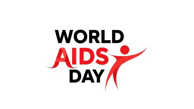 World aids day logo featuring bold black and red text with a stylized red human figure celebrating, isolated on white background