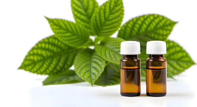 essential oil with green leaves, botol obat herbal