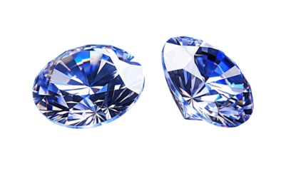 Two faceted blue gemstones isolated on transparent background