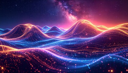 Vibrant neon landscape of flowing data streams under a cosmic starlit sky, representing the digital frontier concept