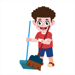 Boy Sweeping with Mop Illustration