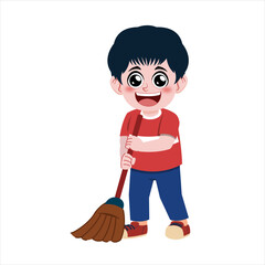 Boy Holding Broom Cleaning Illustration